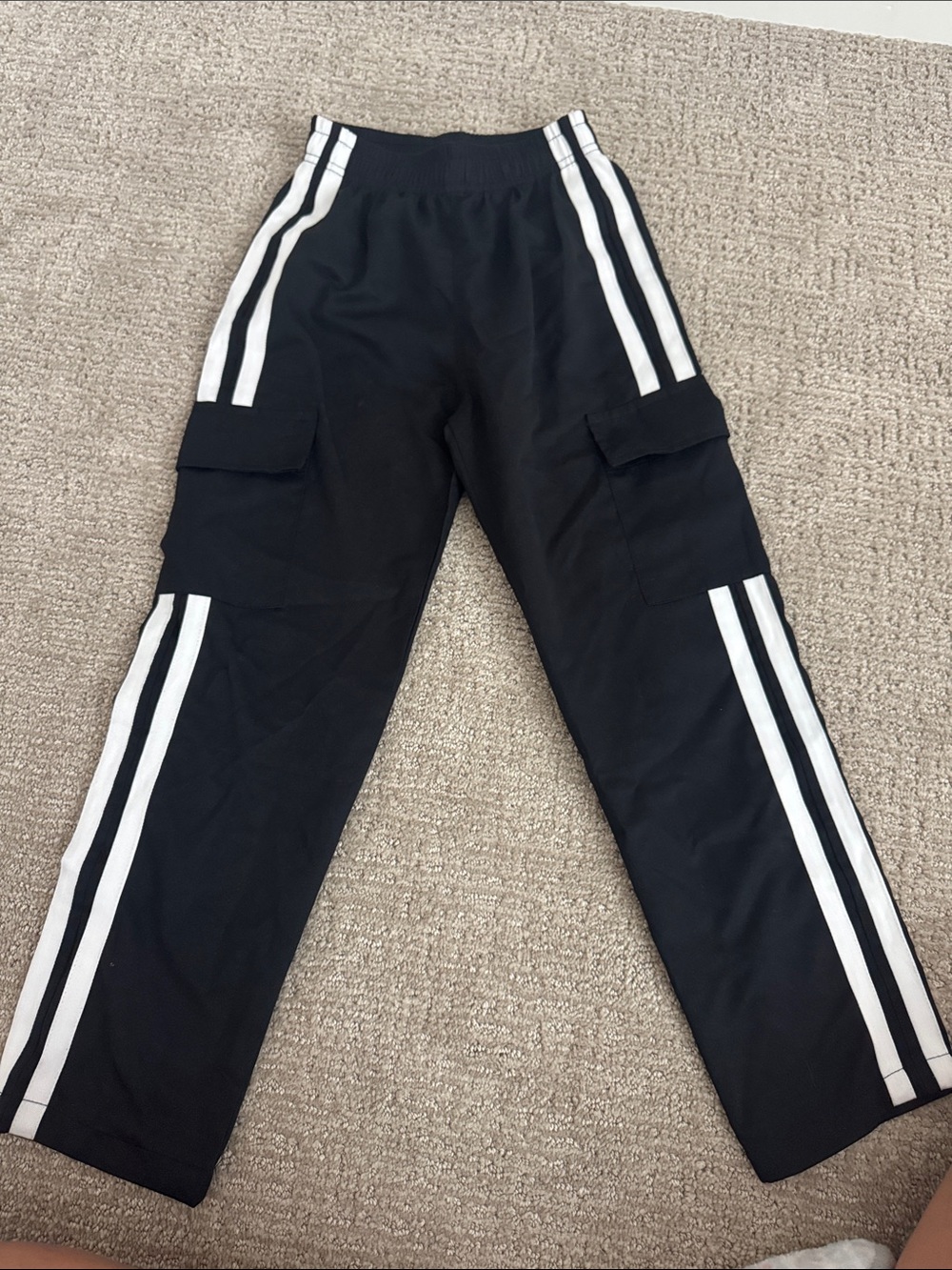Black Kids Cargo Track Pants with White Side Stripes